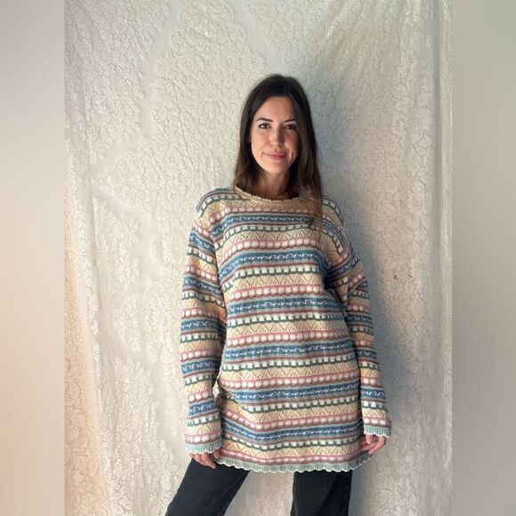 Vintage Pastel Multi-Patterned Knit Crossings Jumper Sweater – 100% Cotton - Picture 11 of 13
